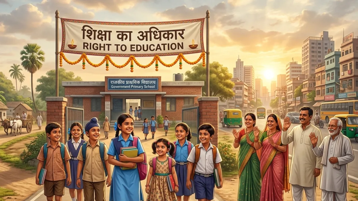 Children holding school bags under 'Right to Education' banner